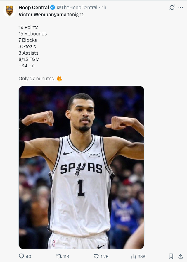 文班亚马三节打卡砍25+15+7盖帽 马刺逼近联盟第一